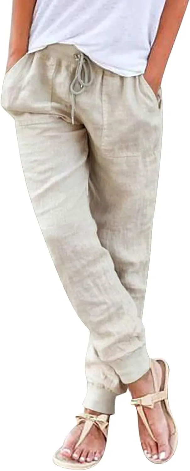 Womens Cotton Linen Jogger Pants Tapered Leg Summer Casual Back Elastic Waist Beach Pants Drawstring Trousers with Pockets