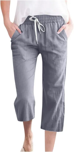 Womens Cotton Linen Pants 2025 Summer Casual Trendy Drawstring Capri Yoga Straight Leg Soft Trousers with Pockets
