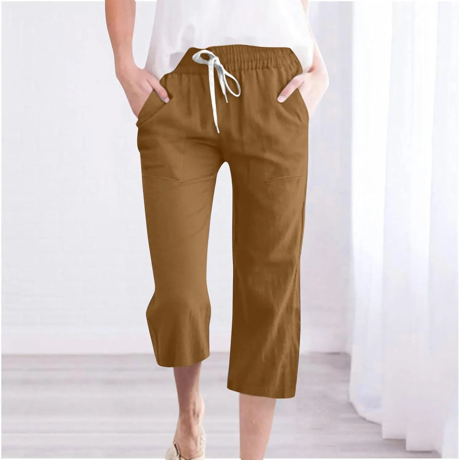 Womens Cotton Linen Pants 2025 Summer Casual Trendy Drawstring Capri Yoga Straight Leg Soft Trousers with Pockets
