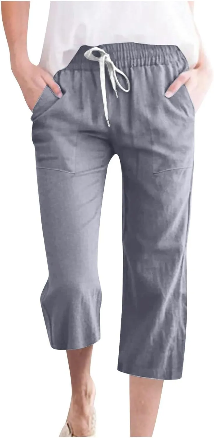 Womens Cotton Linen Pants 2025 Summer Casual Trendy Drawstring Capri Yoga Straight Leg Soft Trousers with Pockets
