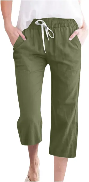 Womens Cotton Linen Pants 2025 Summer Casual Trendy Drawstring Capri Yoga Straight Leg Soft Trousers with Pockets