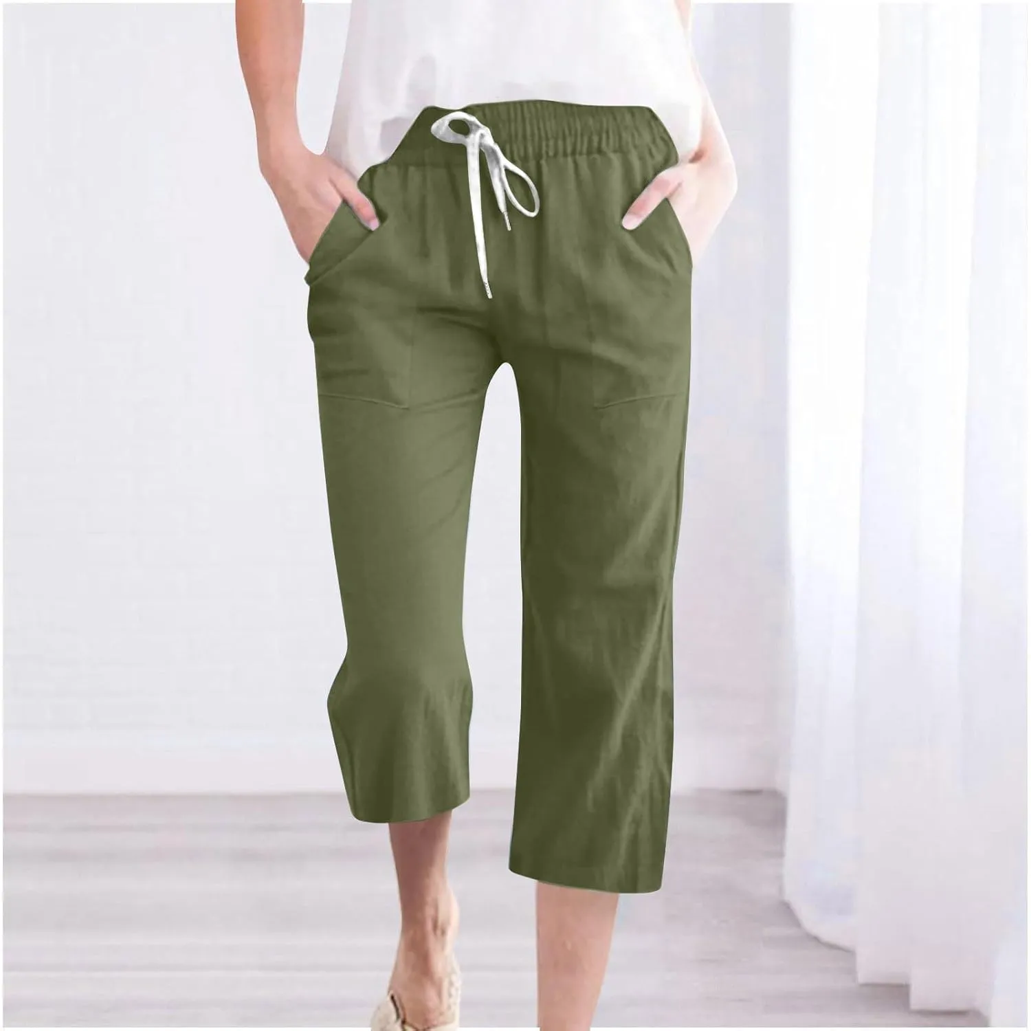 Womens Cotton Linen Pants 2025 Summer Casual Trendy Drawstring Capri Yoga Straight Leg Soft Trousers with Pockets