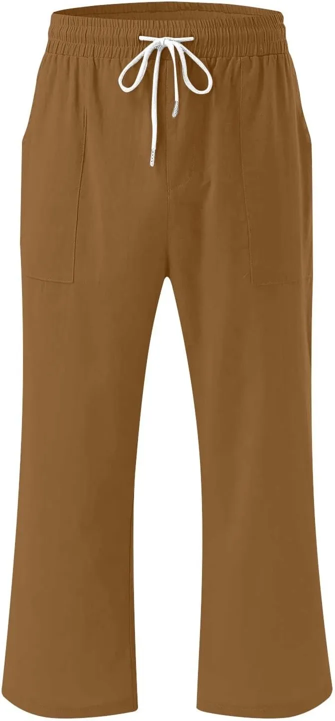 Womens Cotton Linen Pants 2025 Summer Casual Trendy Drawstring Capri Yoga Straight Leg Soft Trousers with Pockets