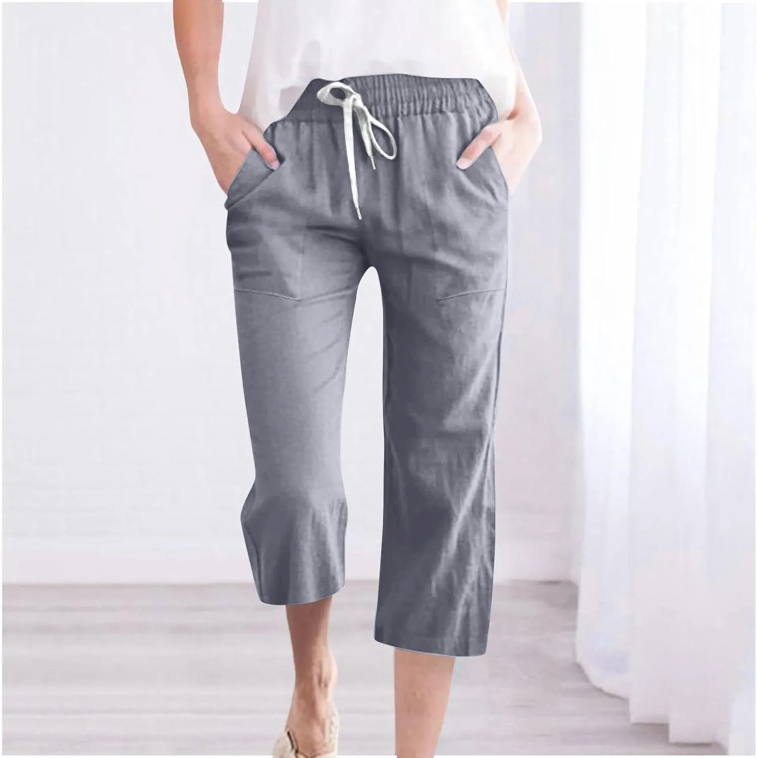 Womens Cotton Linen Pants 2025 Summer Casual Trendy Drawstring Capri Yoga Straight Leg Soft Trousers with Pockets