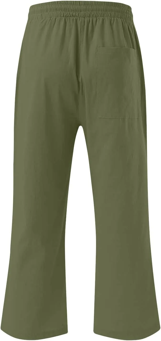 Womens Cotton Linen Pants 2025 Summer Casual Trendy Drawstring Capri Yoga Straight Leg Soft Trousers with Pockets