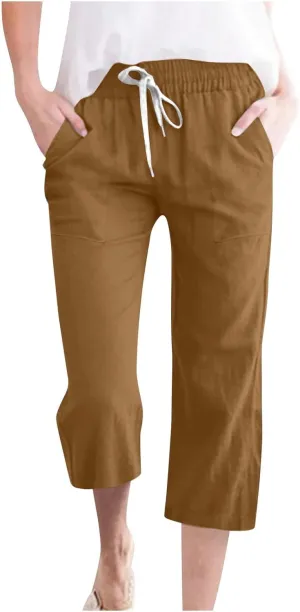 Womens Cotton Linen Pants 2025 Summer Casual Trendy Drawstring Capri Yoga Straight Leg Soft Trousers with Pockets