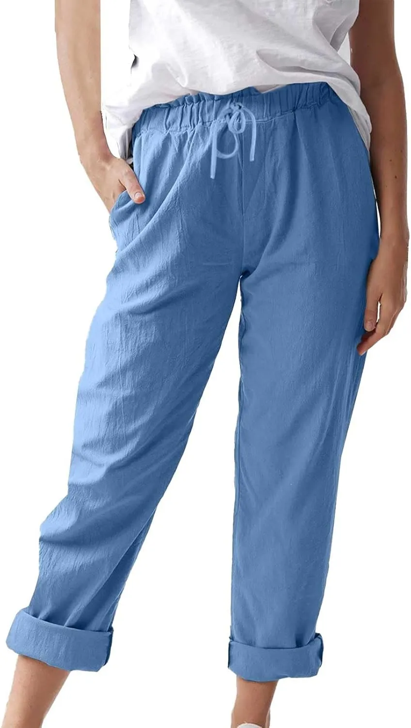Womens Cotton Linen Pants Drawstring Elastic Waist Loose 2025 Summer Pants Lightweight Casual Comfy Long Trousers