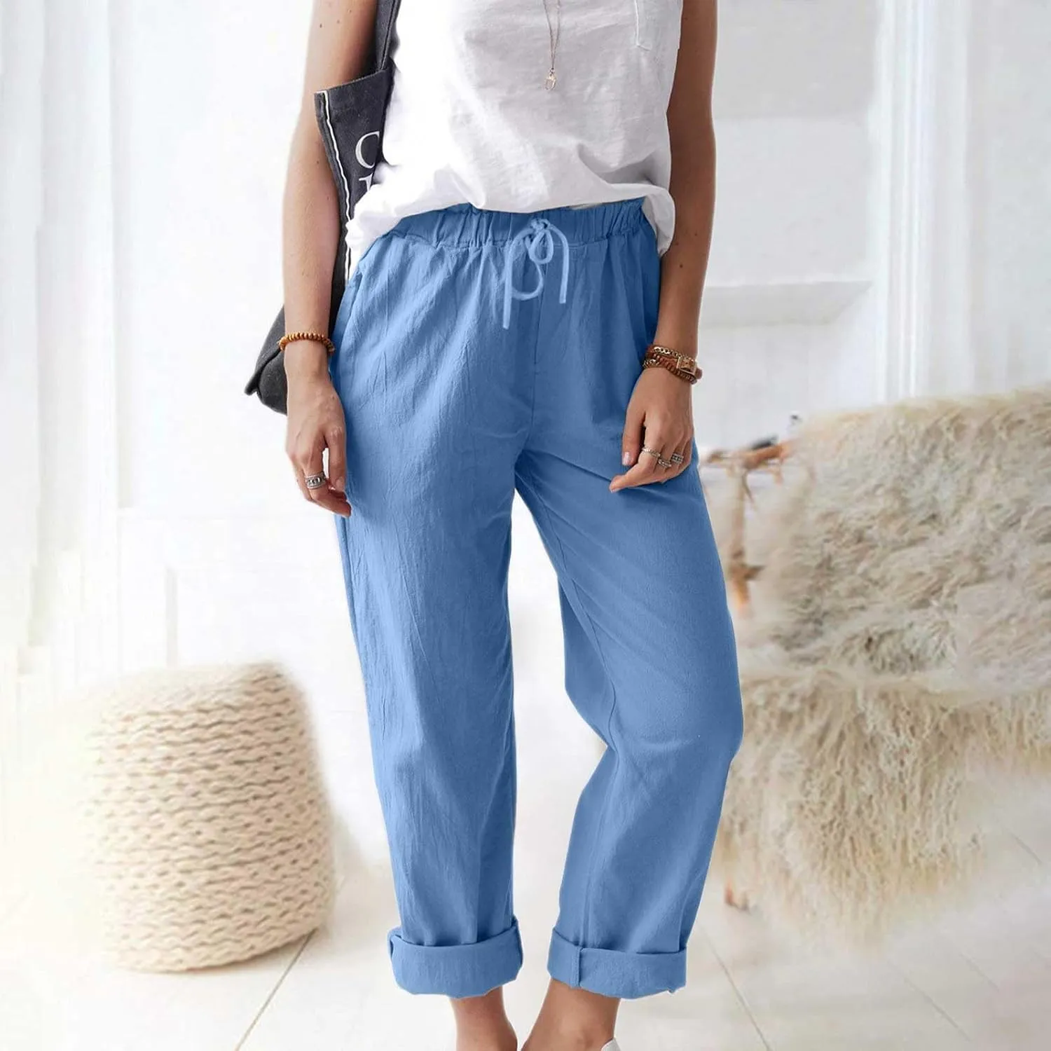 Womens Cotton Linen Pants Drawstring Elastic Waist Loose 2025 Summer Pants Lightweight Casual Comfy Long Trousers