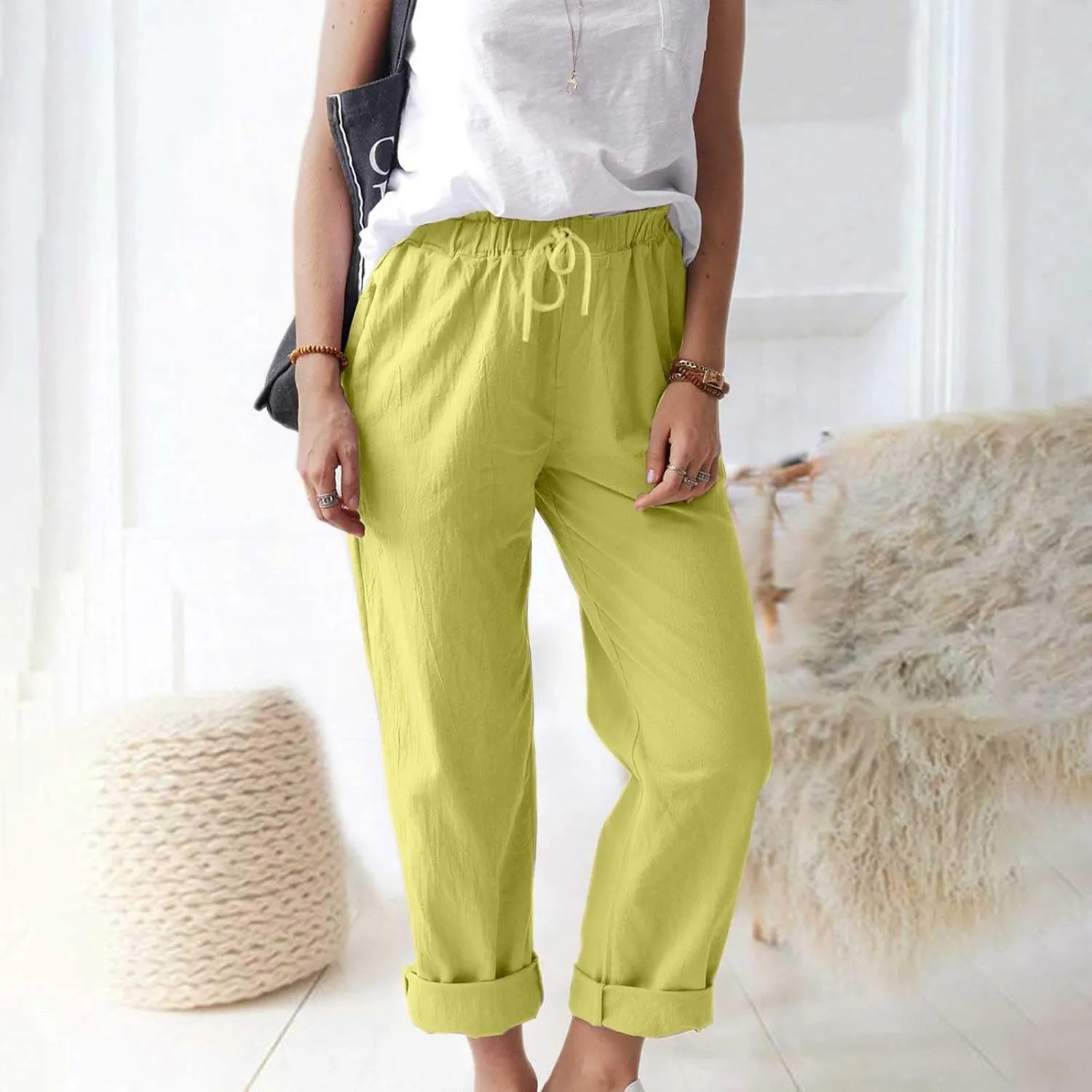 Womens Cotton Linen Pants Drawstring Elastic Waist Loose 2025 Summer Pants Lightweight Casual Comfy Long Trousers