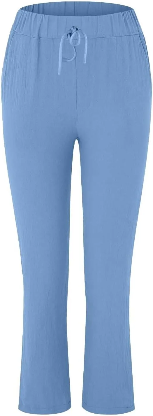 Womens Cotton Linen Pants Drawstring Elastic Waist Loose 2025 Summer Pants Lightweight Casual Comfy Long Trousers