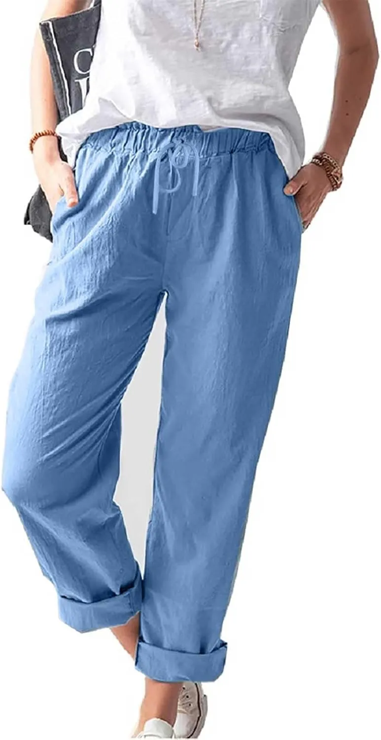 Womens Cotton Linen Pants Drawstring Elastic Waist Loose 2025 Summer Pants Lightweight Casual Comfy Long Trousers