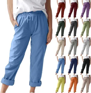 Womens Cotton Linen Pants Drawstring Elastic Waist Loose 2025 Summer Pants Lightweight Casual Comfy Long Trousers