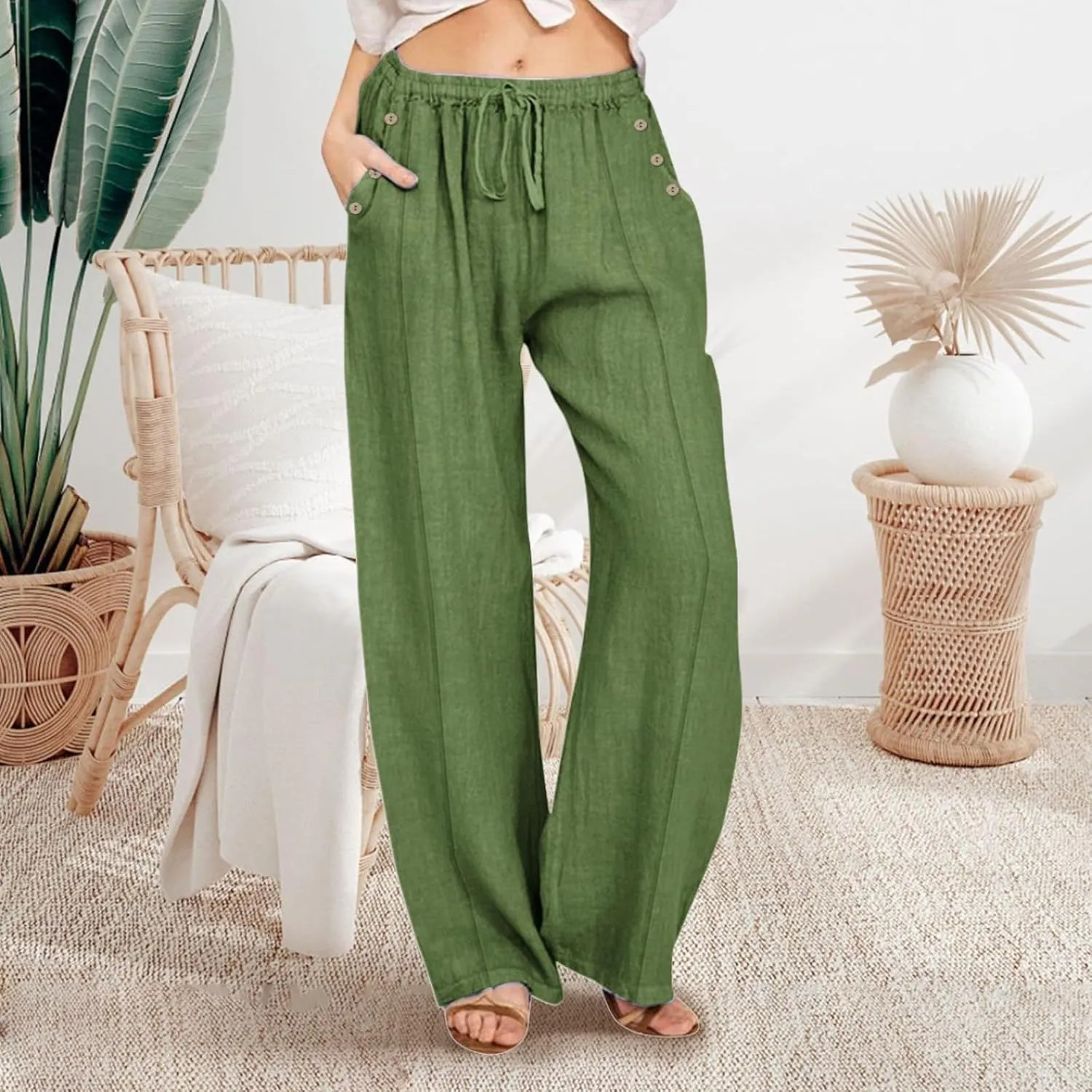 Womens Cotton Linen Pants High Waisted Baggy Pants with Elastic Waist Relax Fit Lantern Trouser with Pockets