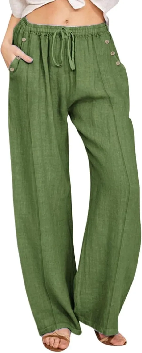 Womens Cotton Linen Pants High Waisted Baggy Pants with Elastic Waist Relax Fit Lantern Trouser with Pockets