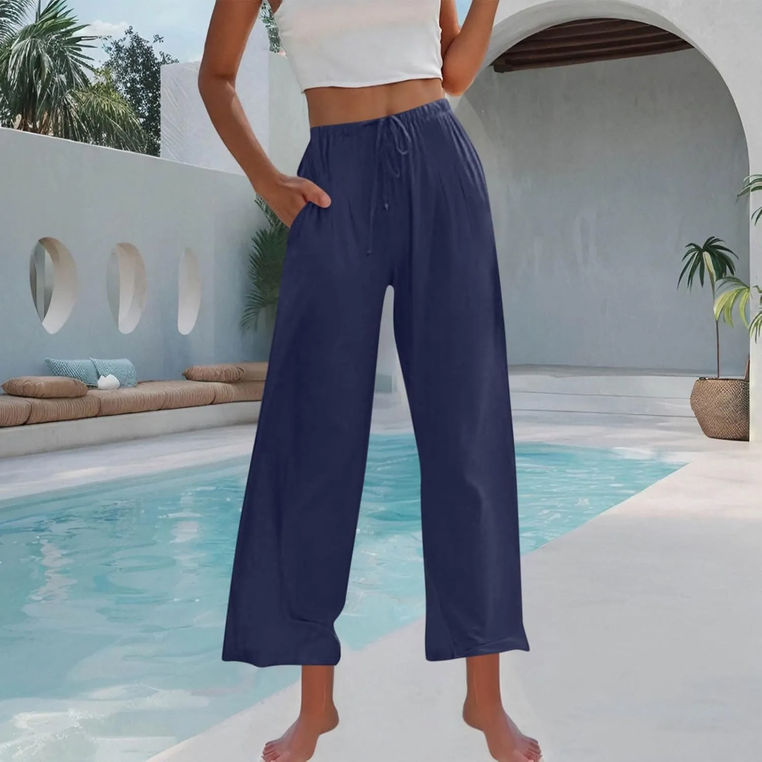 Women's Cotton Linen Summer Palazzo Pants Drawstring Elastic Waist Causal Flowy Wide Leg Beach Trousers with Pockets