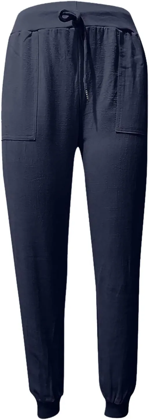 Womens Cotton Linen Tapered Pants Summer Drawstring Elastic Waist Pants Casual Trousers with Pockets