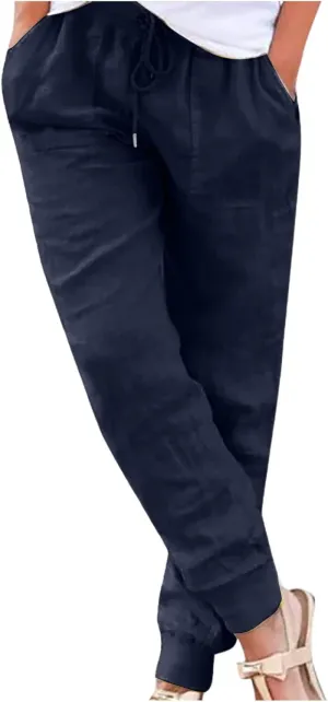 Womens Cotton Linen Tapered Pants Summer Drawstring Elastic Waist Pants Casual Trousers with Pockets