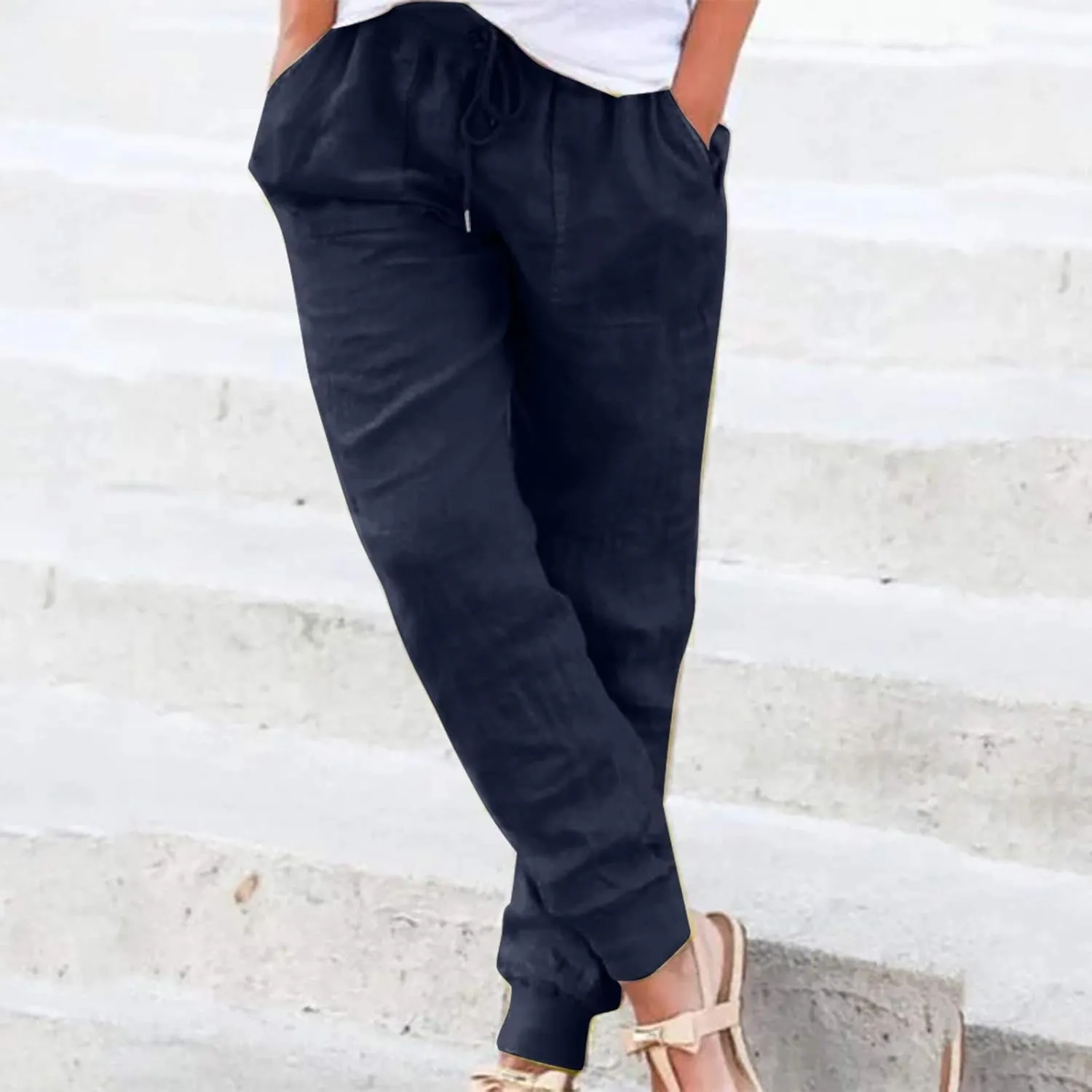 Womens Cotton Linen Tapered Pants Summer Drawstring Elastic Waist Pants Casual Trousers with Pockets