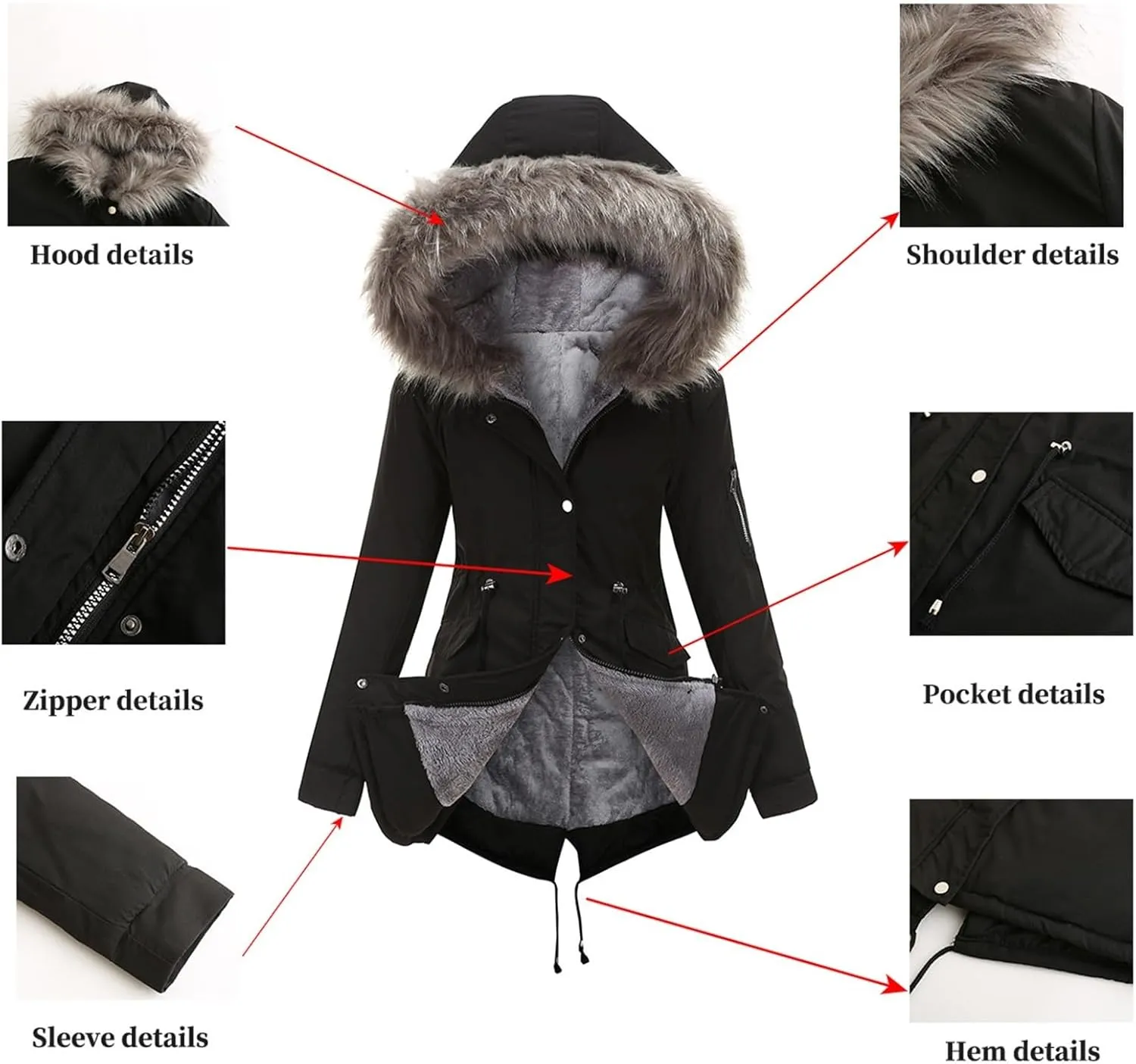 Women's Cotton Padded Parka,mid-Length Hooded Plush Parka,Winter Coats for Women,Plush Warm Snow Coat,Warm Parka