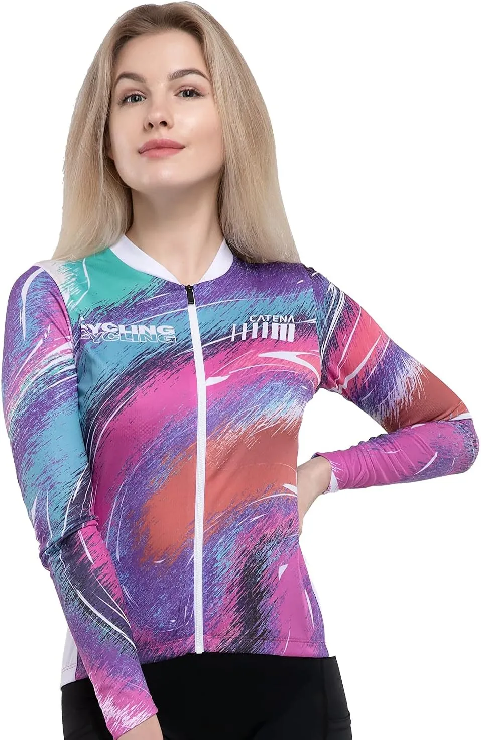Women's Cycling Jersey Long Sleeve Breathable Bike Shirt Bicycle Clothing Quick Dry Womens Summer Tops Rainbow Aurora