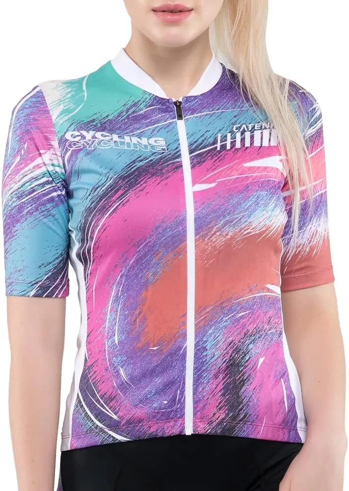 Women's Cycling Jersey Long Sleeve Breathable Bike Shirt Bicycle Clothing Quick Dry Womens Summer Tops Rainbow Aurora