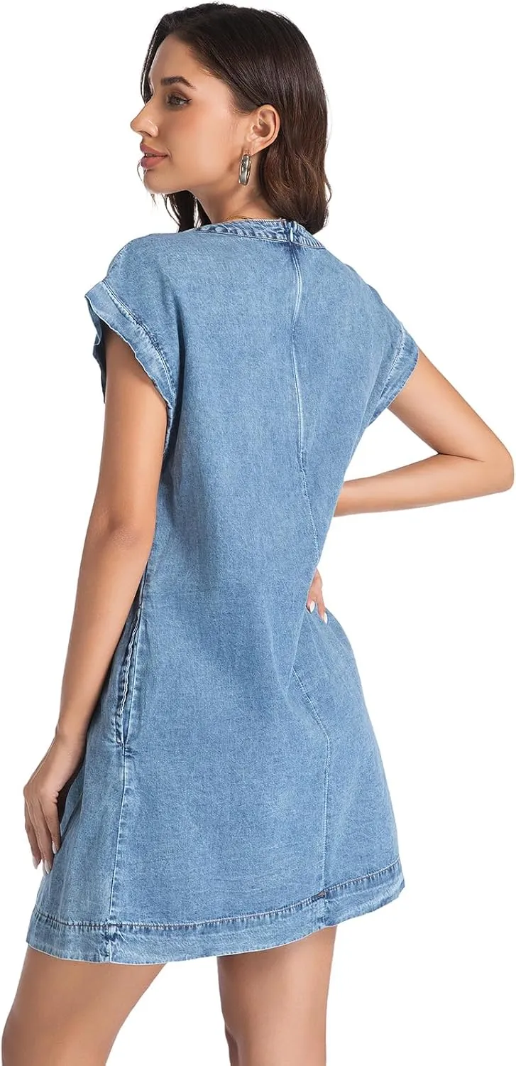 Womens Denim Romper 2025 Jean Dress V Neck Shorts Sleeves Tie Front Ruffle Overall Dress with Pockets