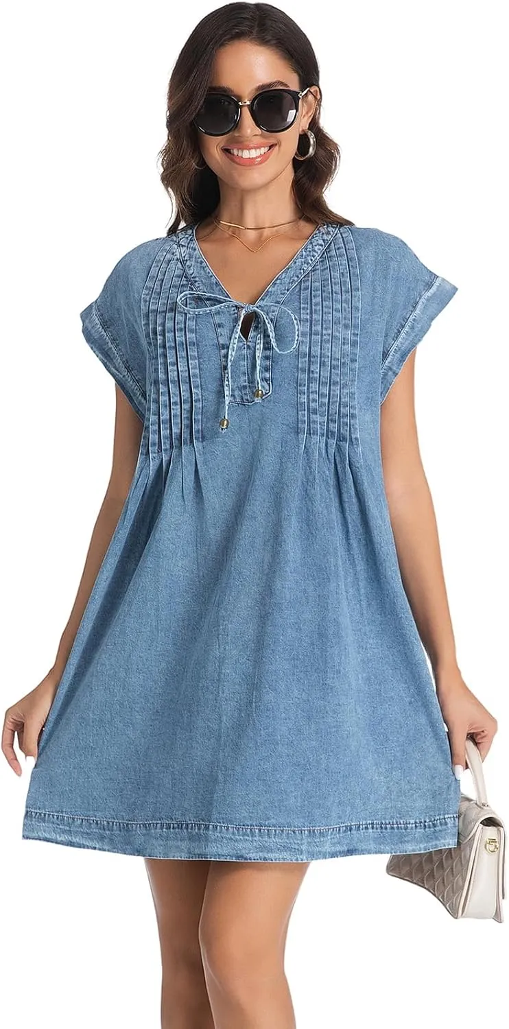 Womens Denim Romper 2025 Jean Dress V Neck Shorts Sleeves Tie Front Ruffle Overall Dress with Pockets