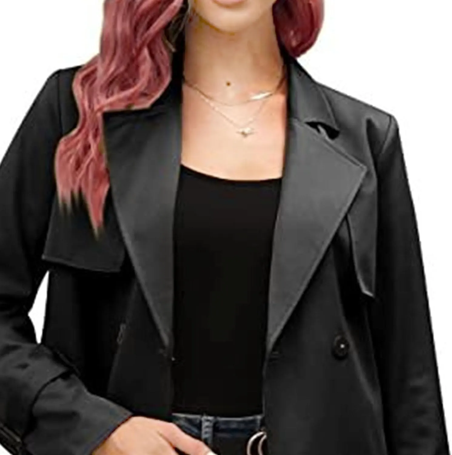 Womens Double Breasted Lapel Solid Color Windbreaker Long Trench Coat Jacket Simple Fashion Pea Coat with Belt