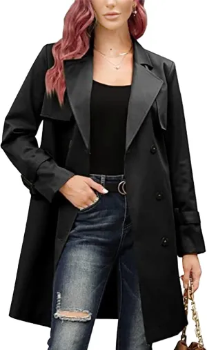 Womens Double Breasted Lapel Solid Color Windbreaker Long Trench Coat Jacket Simple Fashion Pea Coat with Belt