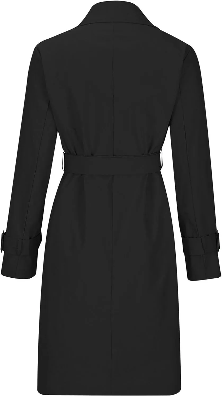 Womens Double Breasted Lapel Solid Color Windbreaker Long Trench Coat Jacket Simple Fashion Pea Coat with Belt