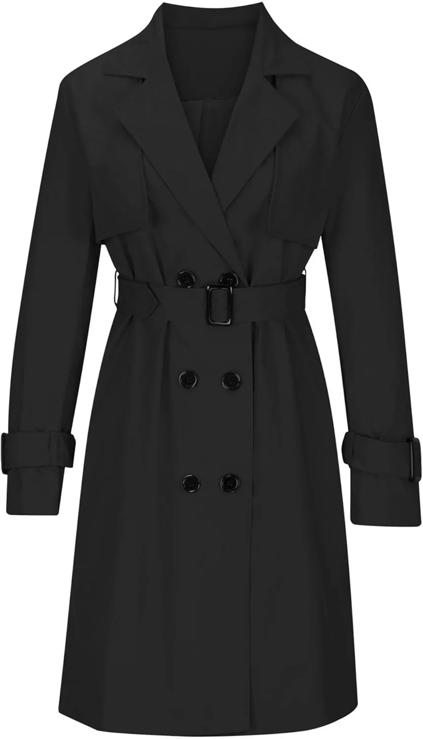 Womens Double Breasted Lapel Solid Color Windbreaker Long Trench Coat Jacket Simple Fashion Pea Coat with Belt