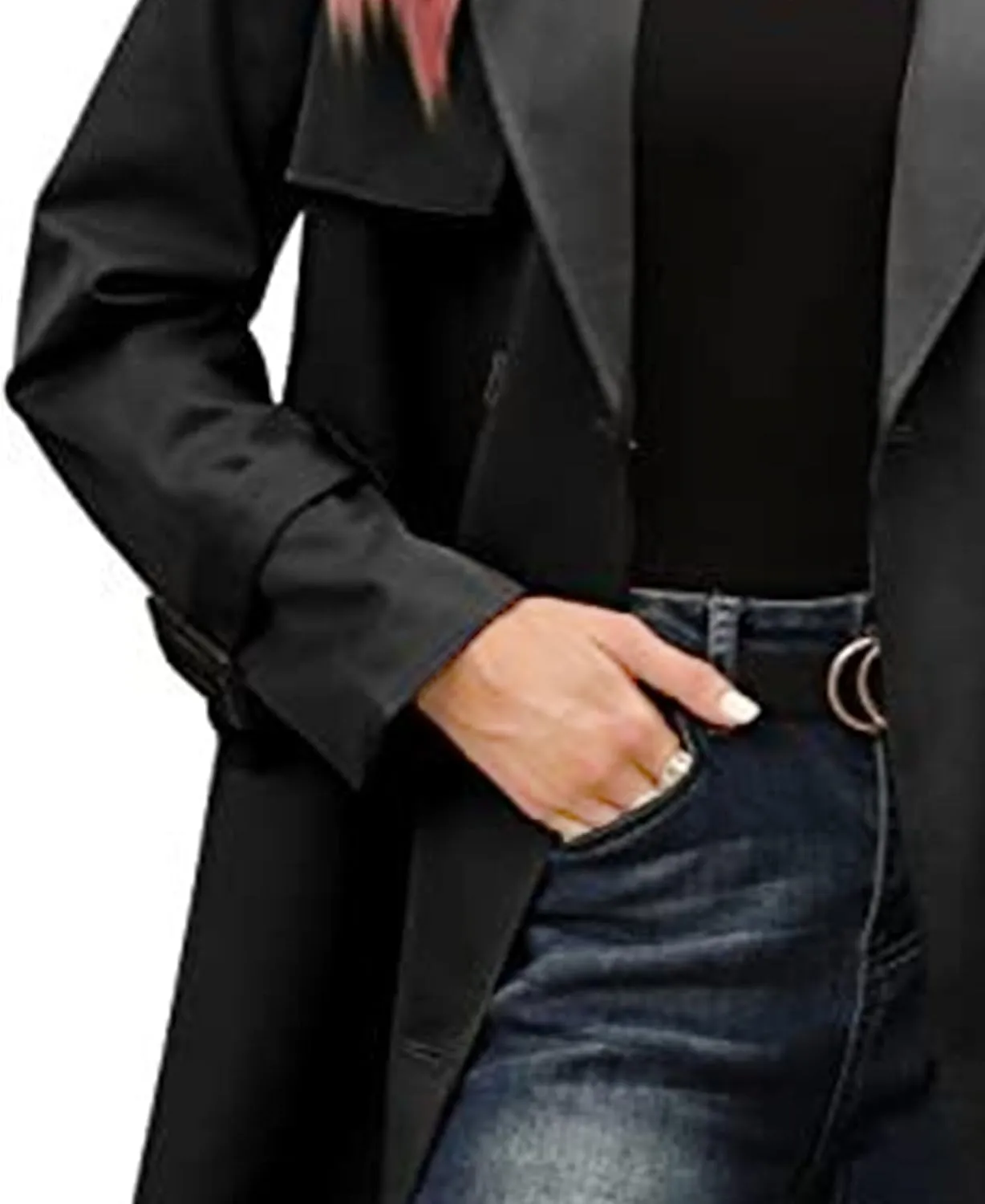 Womens Double Breasted Lapel Solid Color Windbreaker Long Trench Coat Jacket Simple Fashion Pea Coat with Belt