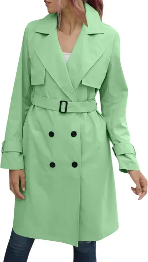 Womens Double Breasted Lapel Solid Color Windbreaker Long Trench Coat Jacket Simple Fashion Pea Coat with Belt