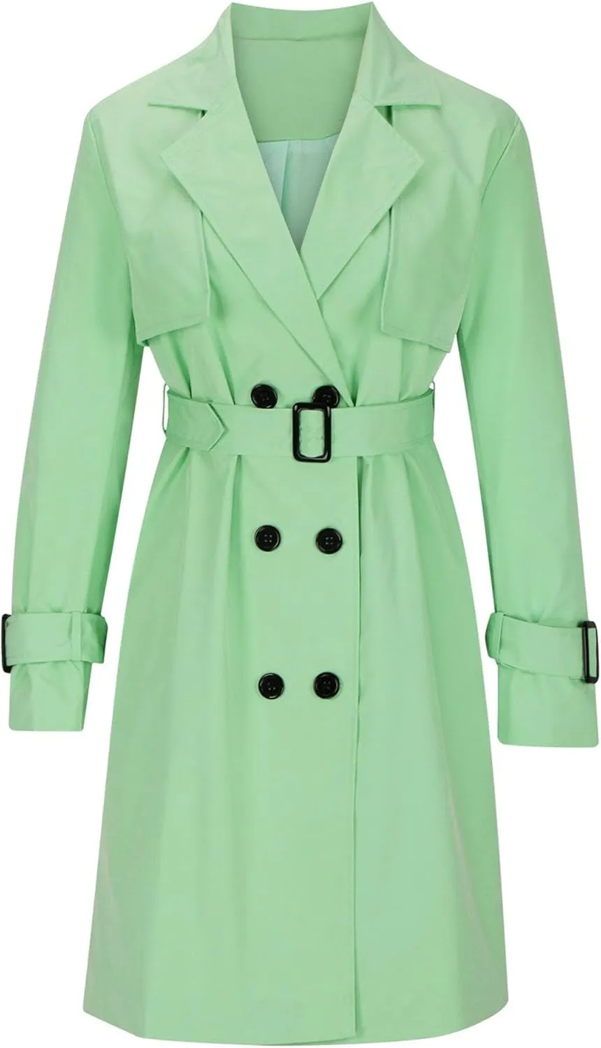 Womens Double Breasted Lapel Solid Color Windbreaker Long Trench Coat Jacket Simple Fashion Pea Coat with Belt