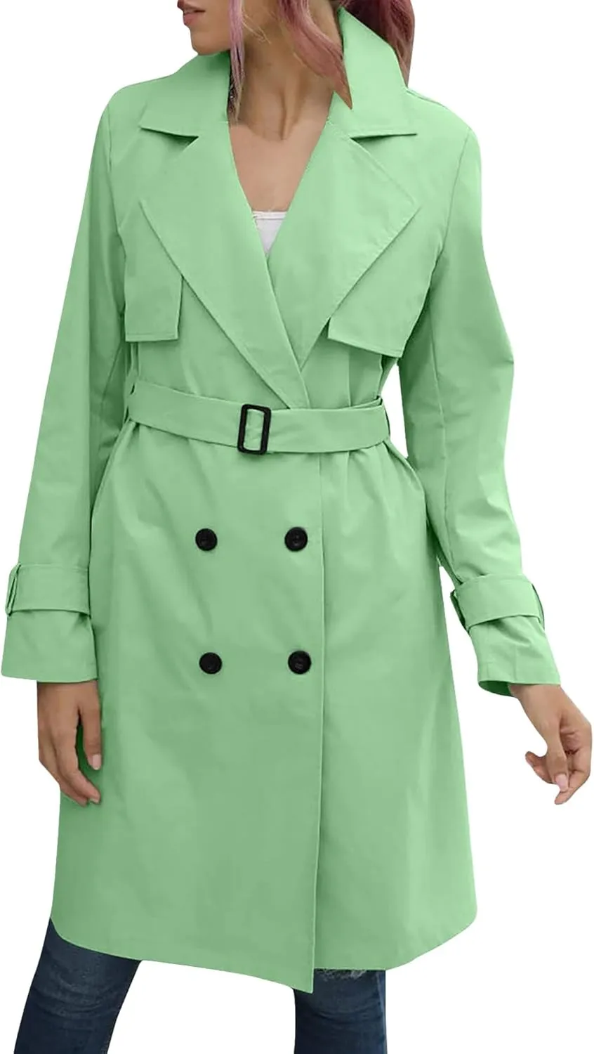 Womens Double Breasted Lapel Solid Color Windbreaker Long Trench Coat Jacket Simple Fashion Pea Coat with Belt