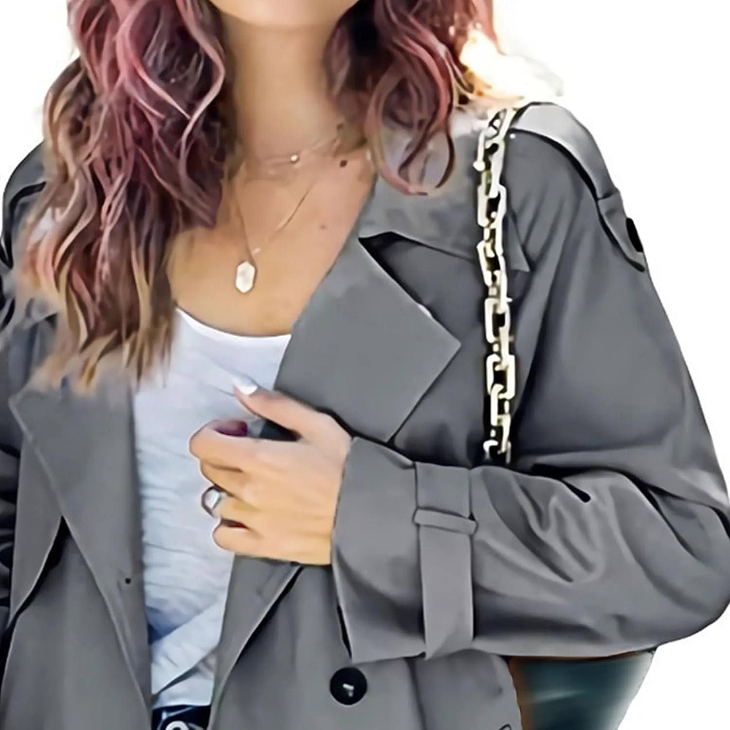 Womens Double Breasted Lapel Solid Color Windbreaker Long Trench Coat Jacket Simple Fashion Pea Coat with Belt
