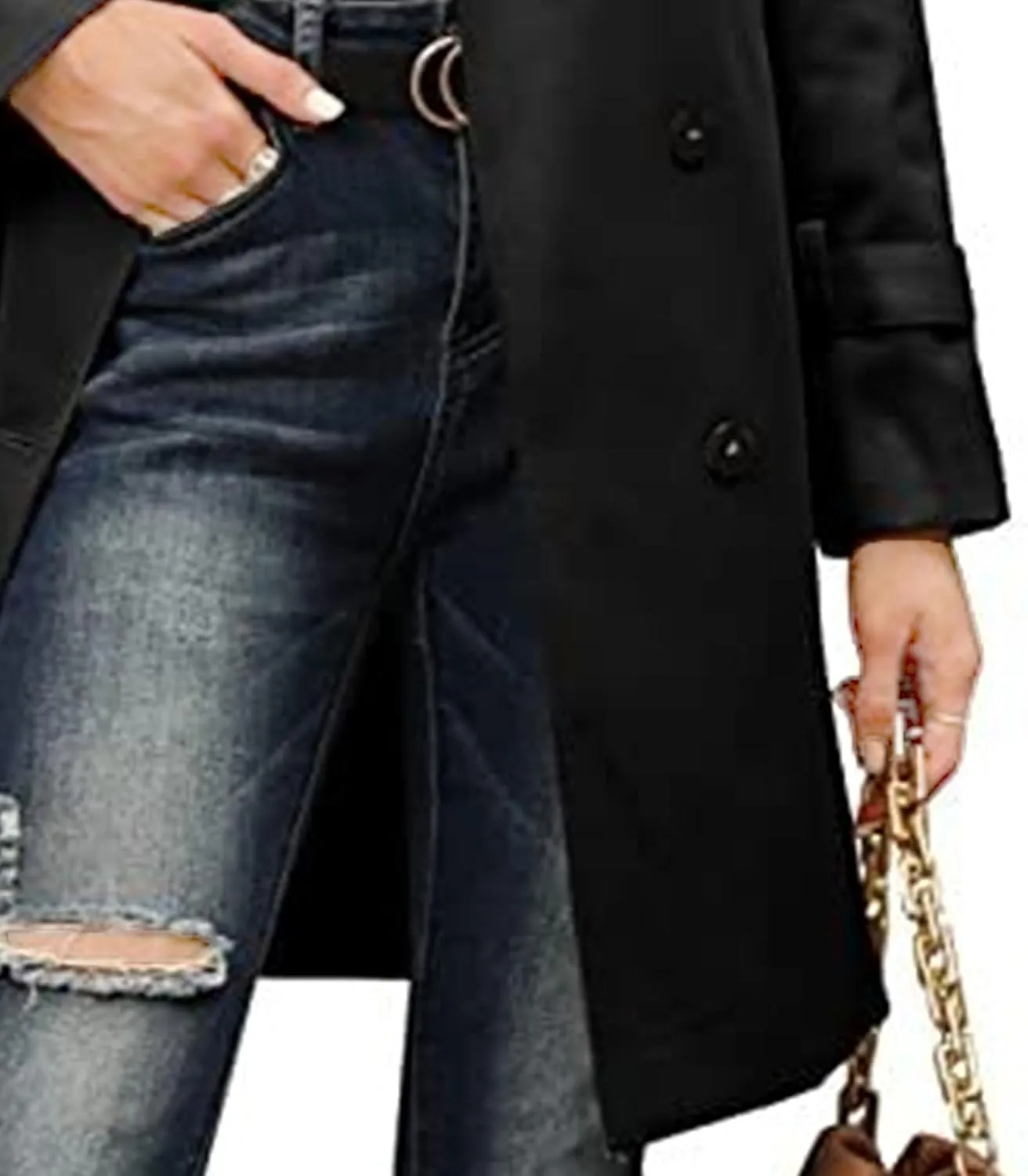 Womens Double Breasted Lapel Solid Color Windbreaker Long Trench Coat Jacket Simple Fashion Pea Coat with Belt