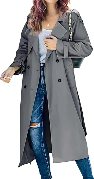 Womens Double Breasted Lapel Solid Color Windbreaker Long Trench Coat Jacket Simple Fashion Pea Coat with Belt