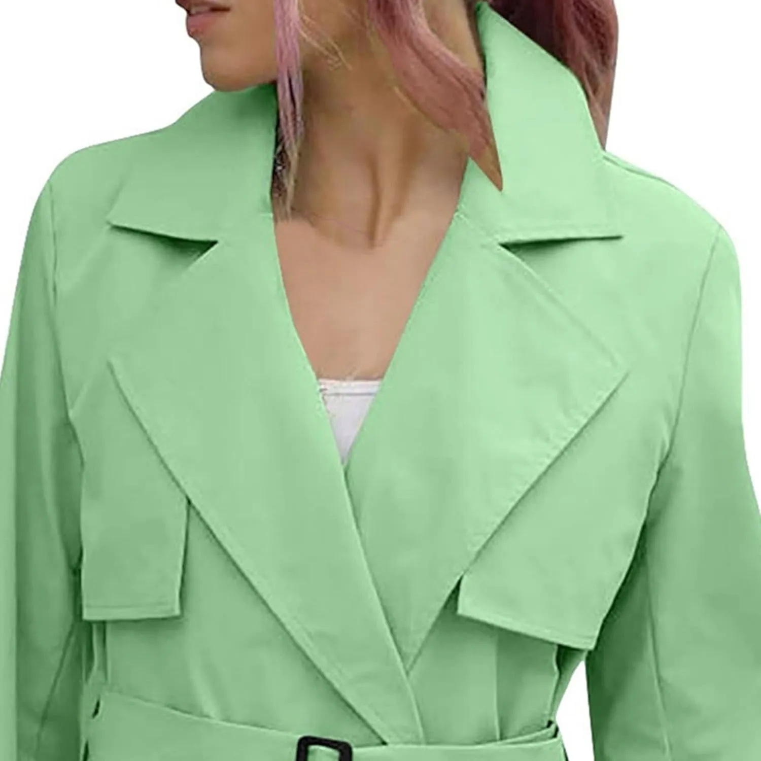 Womens Double Breasted Lapel Solid Color Windbreaker Long Trench Coat Jacket Simple Fashion Pea Coat with Belt