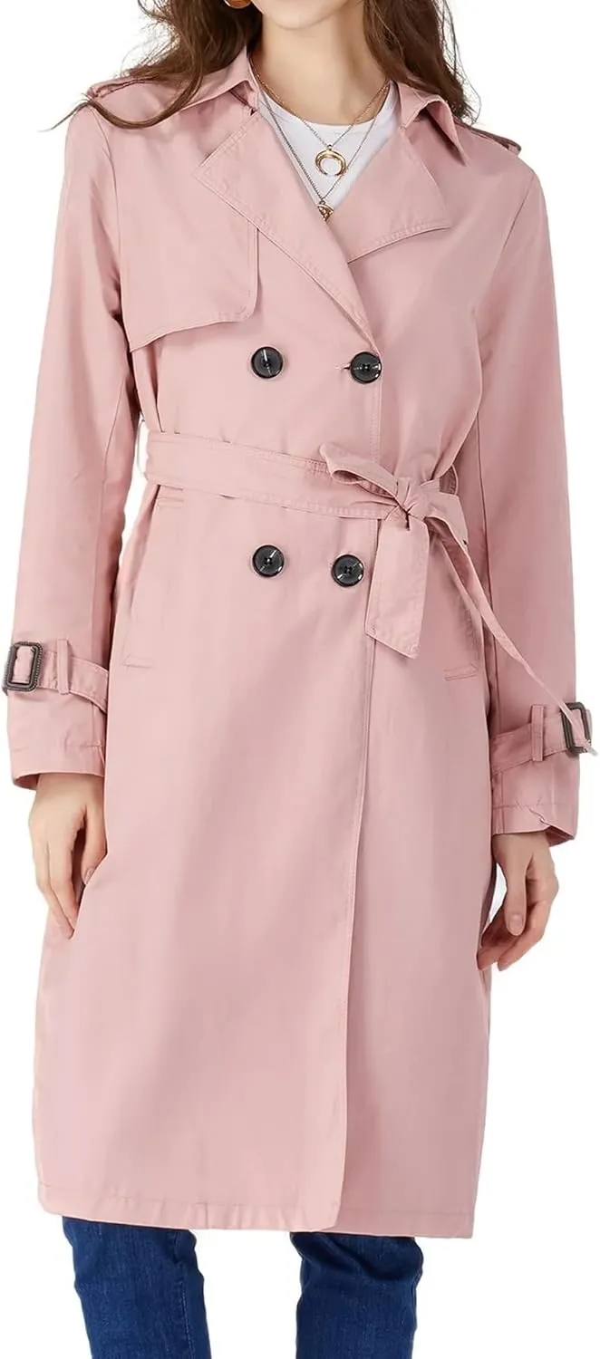 Womens Double Breasted Trench Coat Buckle Belted Windproof Overcoat Jacket
