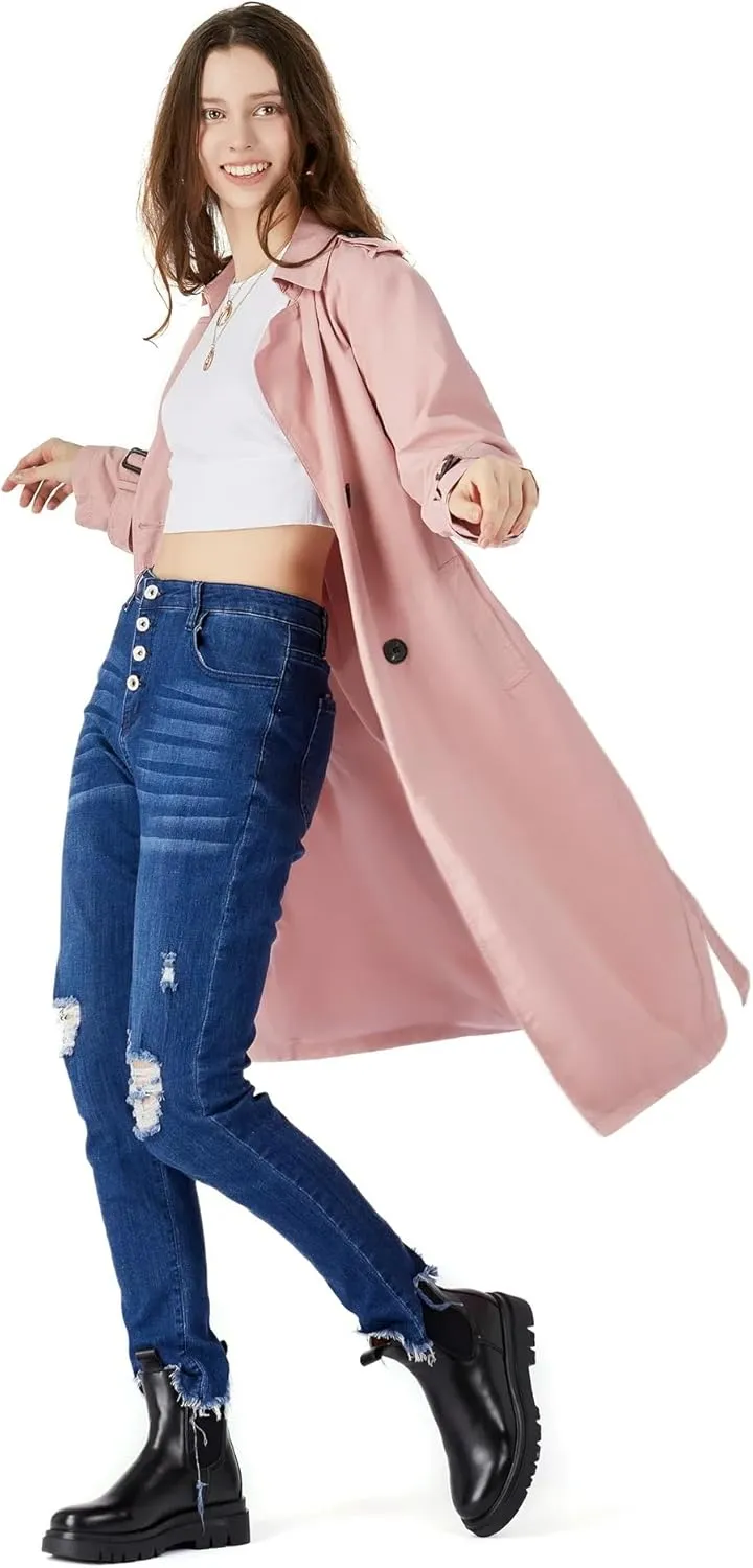 Womens Double Breasted Trench Coat Buckle Belted Windproof Overcoat Jacket