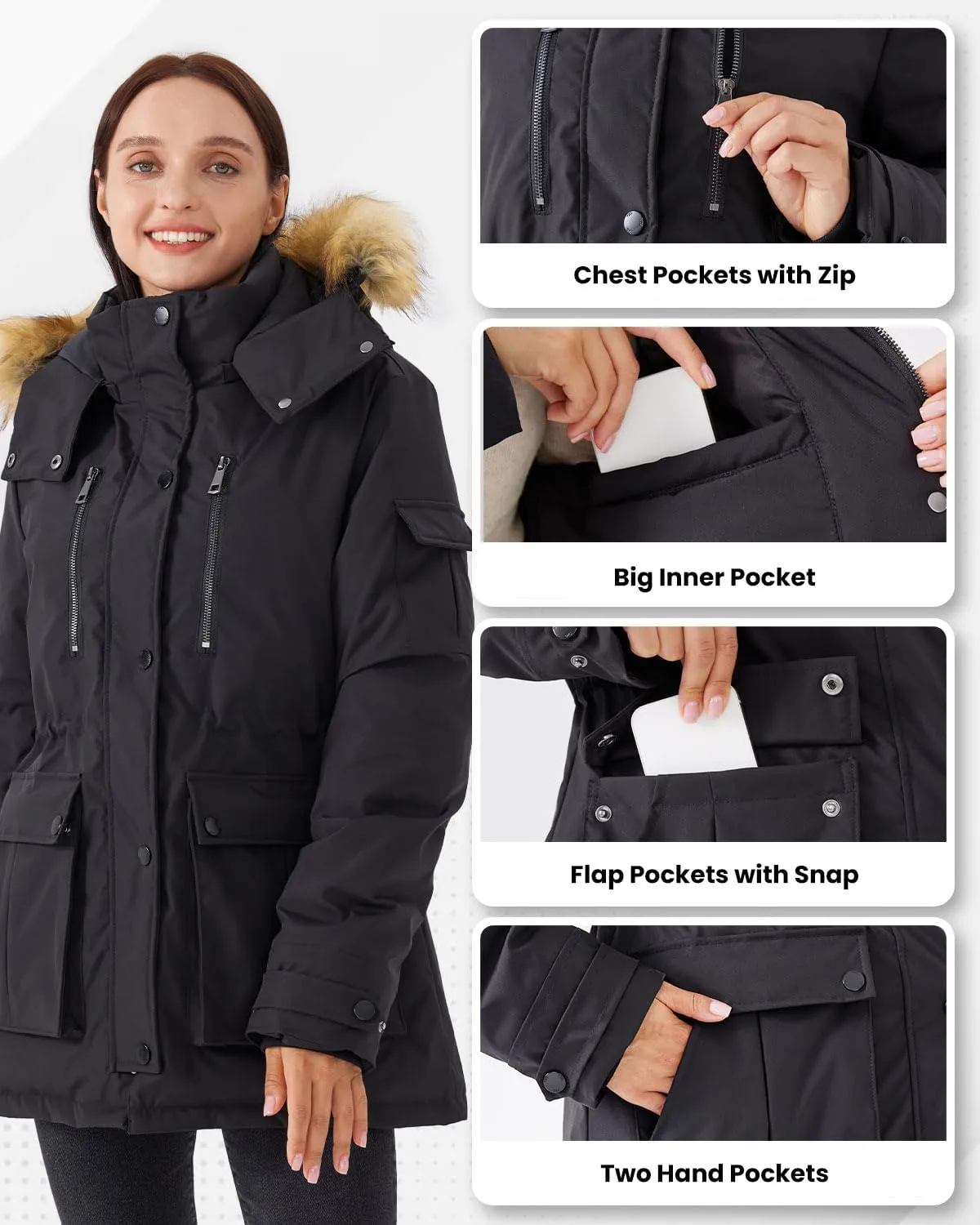 Women's Down Jacket Full-Zip Puffer Warm Coat with Faux Fur Removable Hood