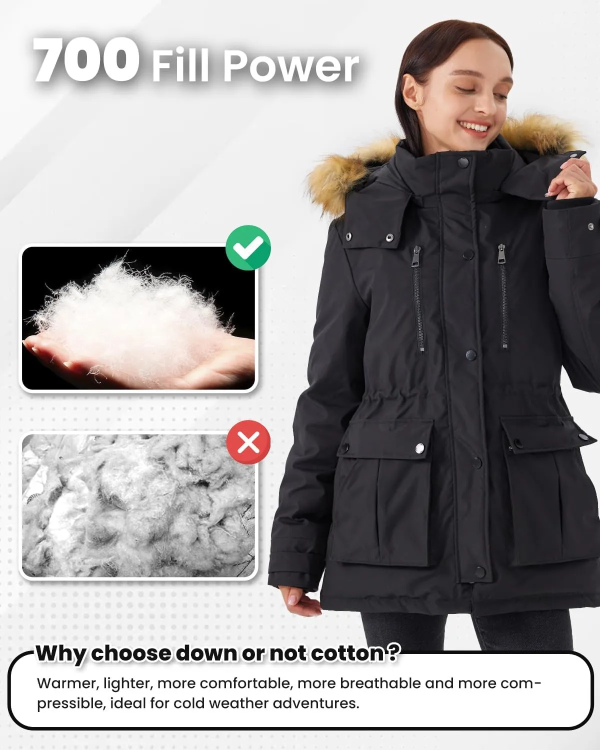 Women's Down Jacket Full-Zip Puffer Warm Coat with Faux Fur Removable Hood