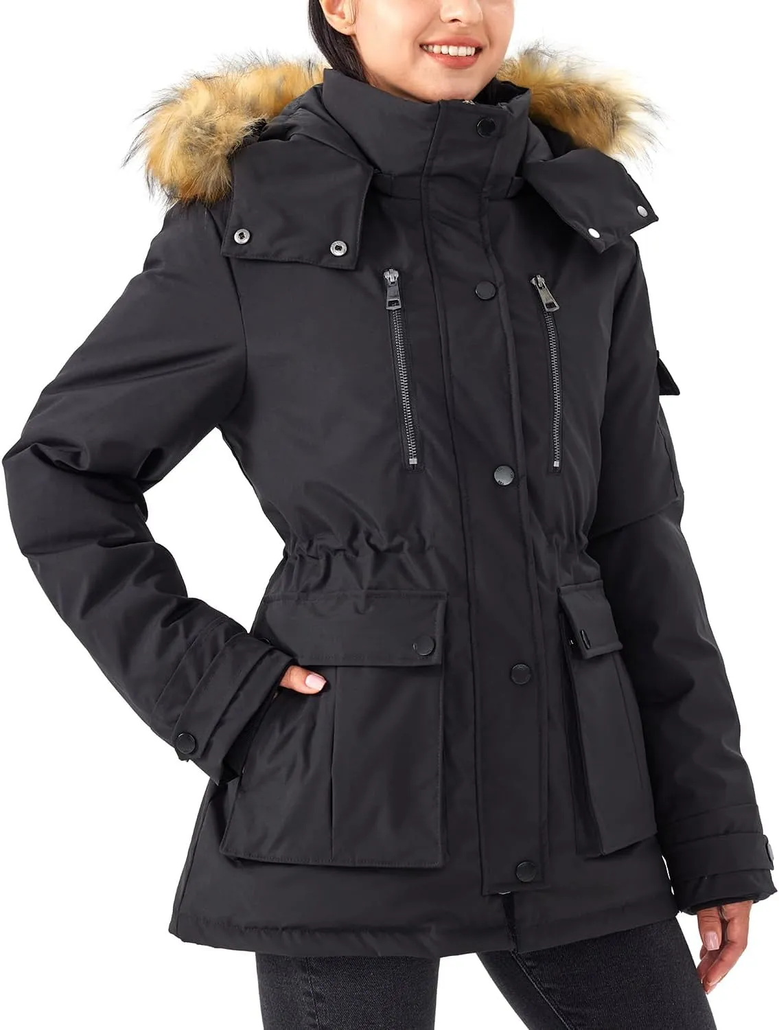 Women's Down Jacket Full-Zip Puffer Warm Coat with Faux Fur Removable Hood