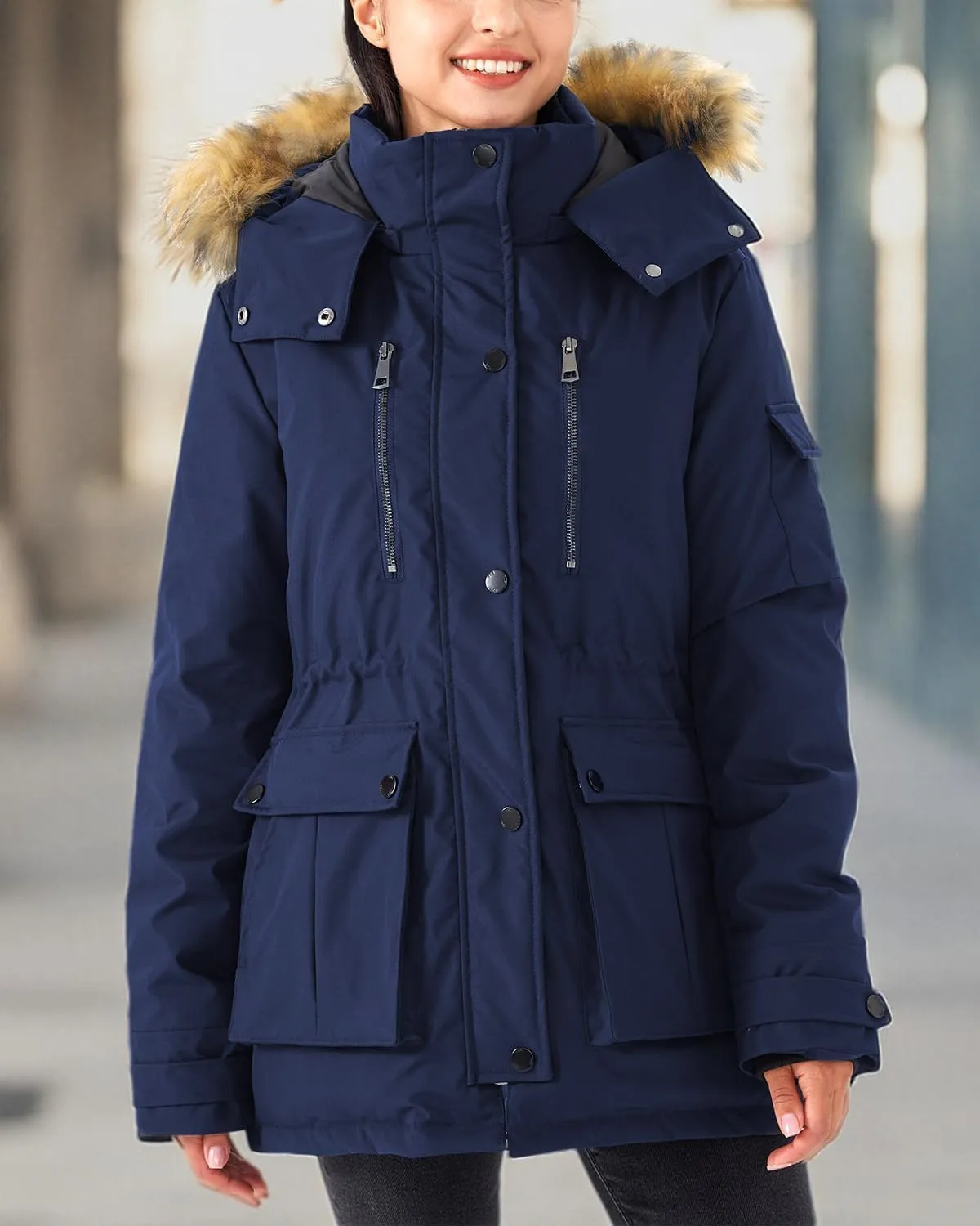 Women's Down Jacket Full-Zip Puffer Warm Coat with Faux Fur Removable Hood