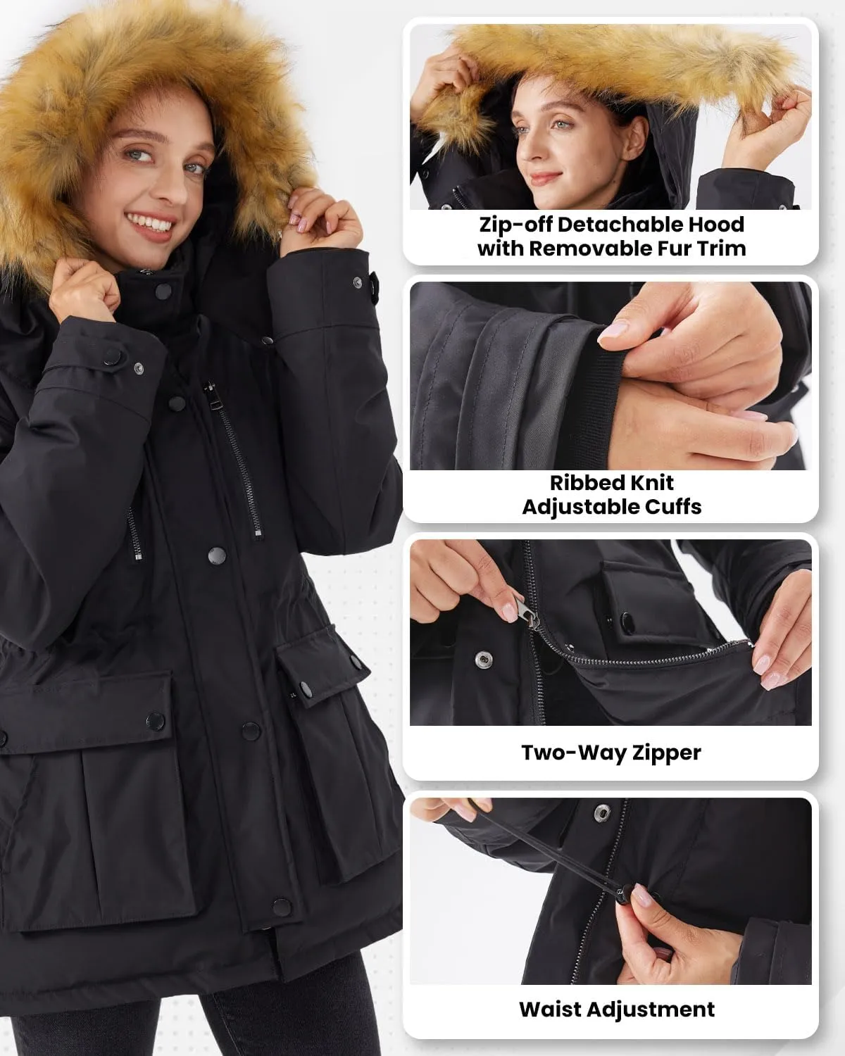 Women's Down Jacket Full-Zip Puffer Warm Coat with Faux Fur Removable Hood