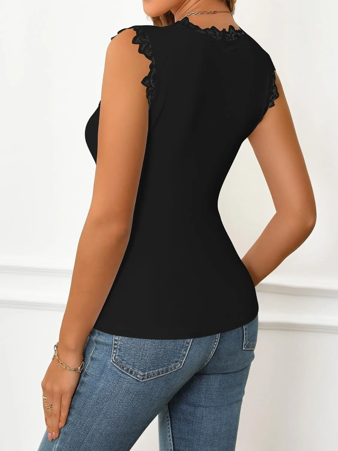 Women's Dressy Lace Trim V-Neck Camisole Trendy Tanktop Slim Fit Layering Summer Vest