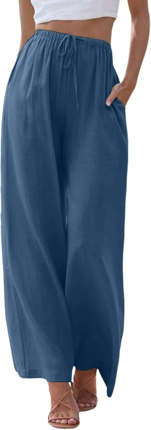 Women's Elastic Beach Linen Blend Linen Capris High Waisted Summer Elastic Waist Loose Fitting with Pockets Casual