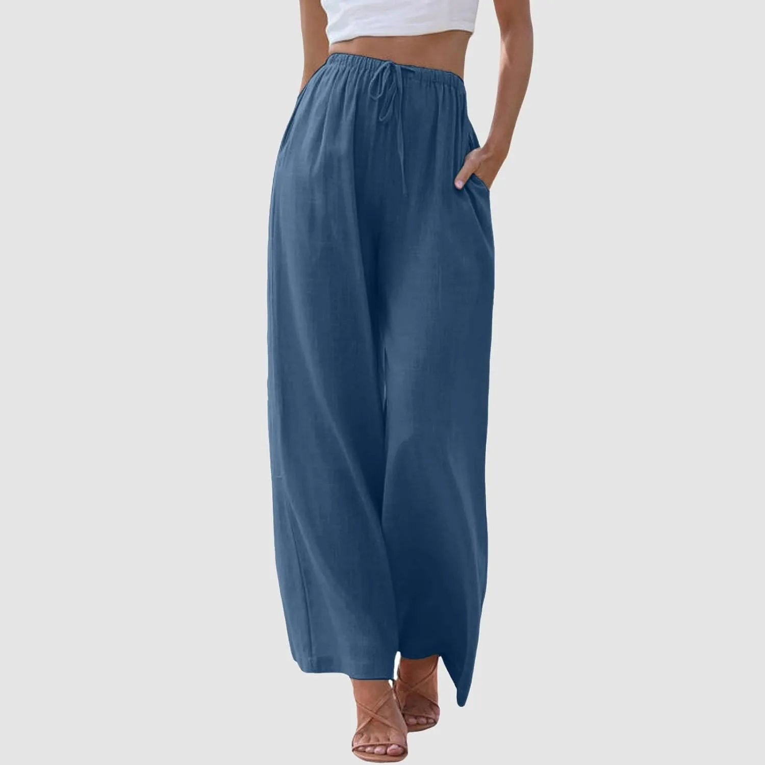 Women's Elastic Beach Linen Blend Linen Capris High Waisted Summer Elastic Waist Loose Fitting with Pockets Casual