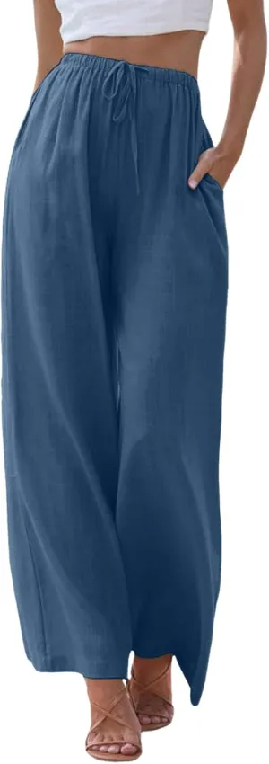 Women's Elastic Beach Linen Blend Linen Capris High Waisted Summer Elastic Waist Loose Fitting with Pockets Casual